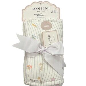 Bonbini Muslin Fleece Baby Blanket Flowers Stripes Soft Lining 0 - 6 Month New